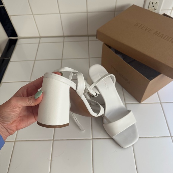 Steve Madden White Leather Messa Block Heel Ankle Strap Sandals - Picture 7 of 11